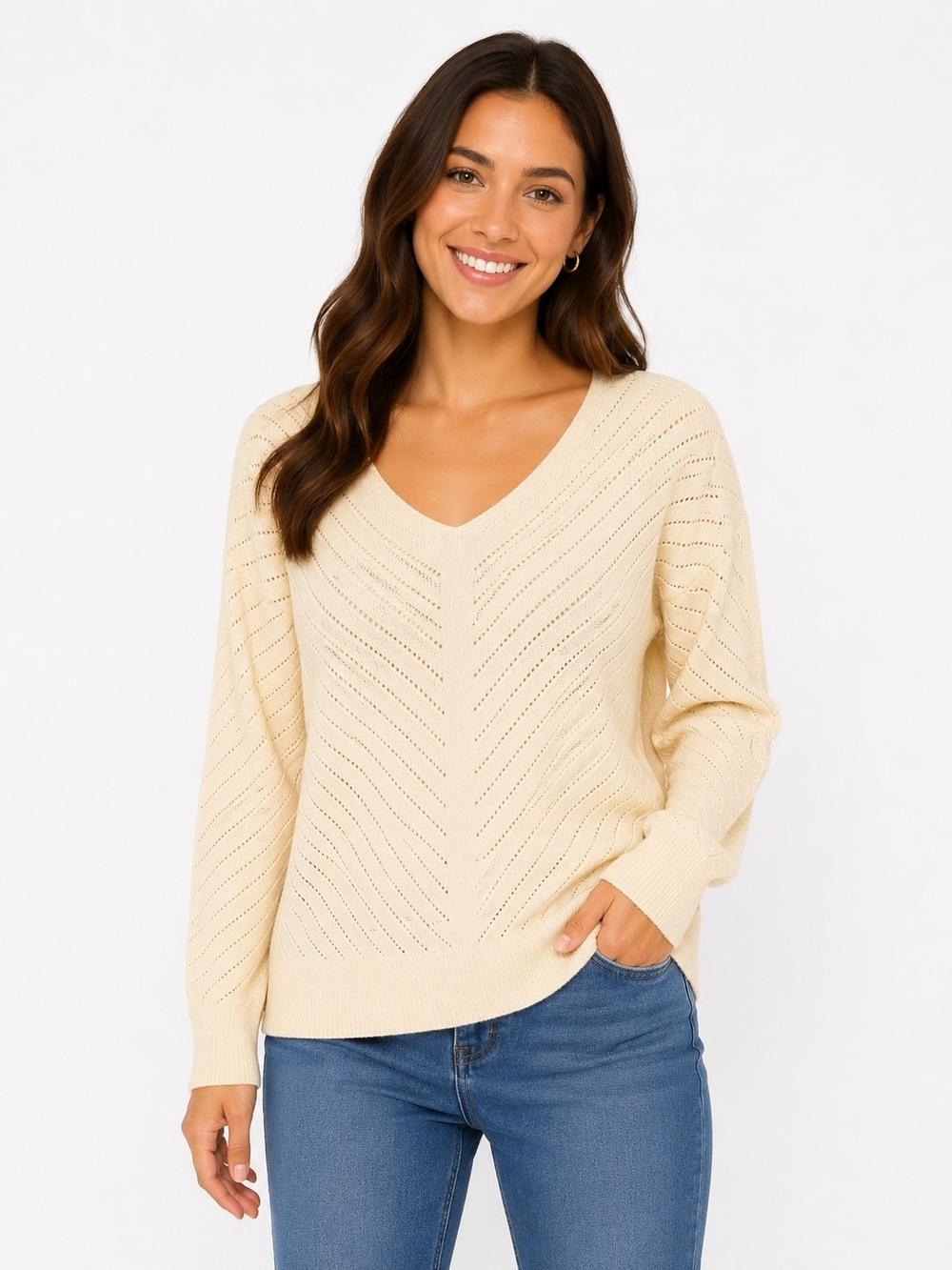 Brand Unknown V-Neck Pointelle Knit Sweater - Cream Size M